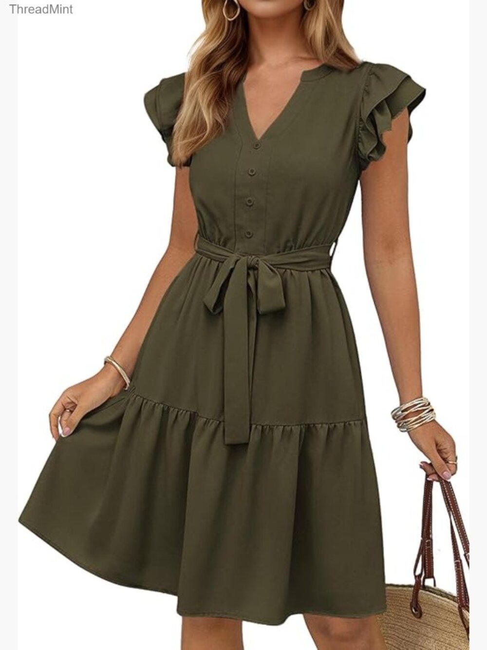 Flutter Sleeve V-Neck Tiered Sundress, A-Line Silhouette, Knee Length